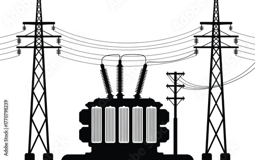 Silhouette of an electrical transformer and power lines against a white background, a black and white tribal-style design 1