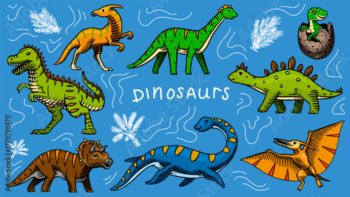 Set of dinosaurs. sketchy Hand drawn illustrations for kids clothes, childish . Tyrannosaurus, pthylodatctyle, brontosaurus.