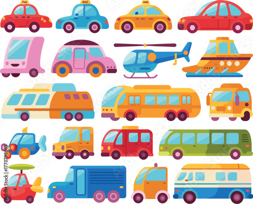 A-Clean-Graphic-Design-Collection-Featuring-Cartoon-Vehicles-For-Transportation-and-Movement-Concepts