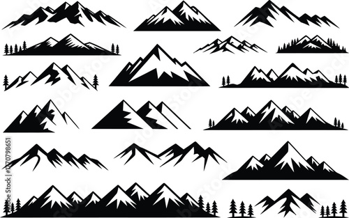 A clean graphic design collection showcasing diverse mountain peak silhouettes, ideal for adventure branding, outdoor logos, and nature-inspired project elements for various creative projects