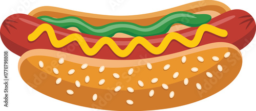 A digital illustration of a classic American hot dog in a sesame seed bun, topped with yellow mustard and green relish, isolated on a white background