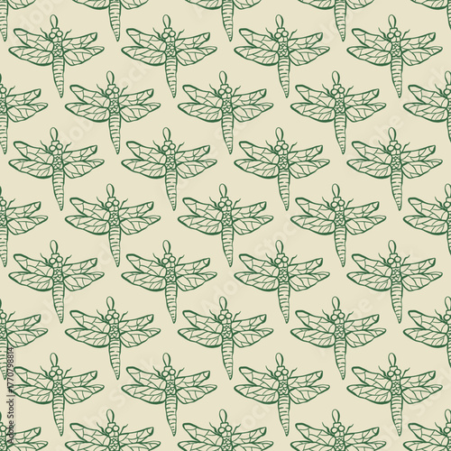 Vintage dragonfly seamless pattern. Green pattern with hand drawn dragonfly - Christmas tree decor. Whimsical retro pattern with insect decor or bijouterie for wrapping paper, pack, wallpaper, fabric.