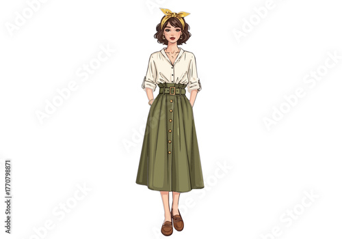 Illustration of a woman wearing a white blouse and green skirt with a yellow headband and brown shoes on transparent background