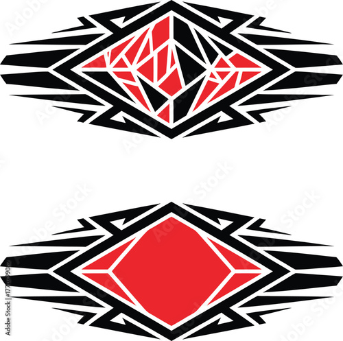 A Graphic Design Illustration of Two Ideograms in Red and Black with Geometric Shapes