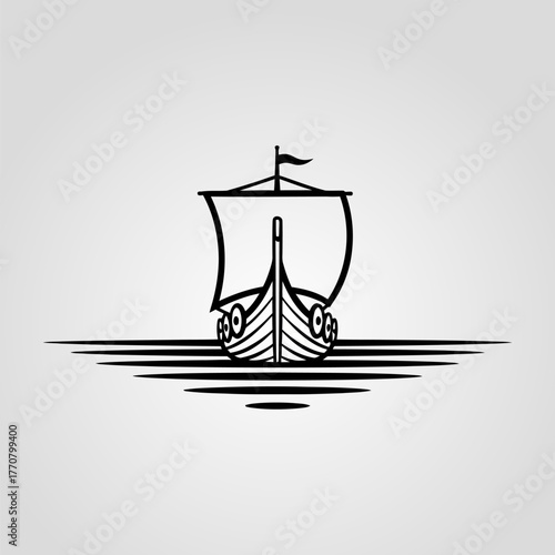 Viking ship sailing on the sea with a flag and sail.