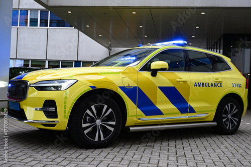 a first responder ambulance parked in front of the hospital