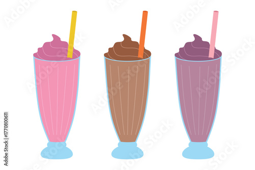 Milkshake set: berry, strawberry, chocolate. Milkshakes with straws and whipped cream. Vector illustration.