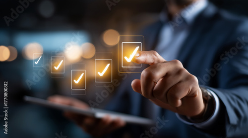 Faceless businessman presenting online document validation icon interface quality assessment management checklist business evaluation process market data report analysis consul