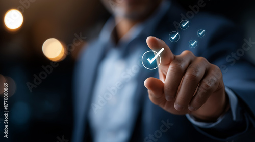 Faceless businessman presenting online document validation icon interface quality assessment management checklist business evaluation process market data report analysis consul