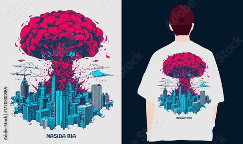 Nuclear explosion in the city. The atomic bomb, the explosion of the flaming mushroom cloud bomb, and the destruction of war. Apocalypse detonation, dangerous war vector illustration.