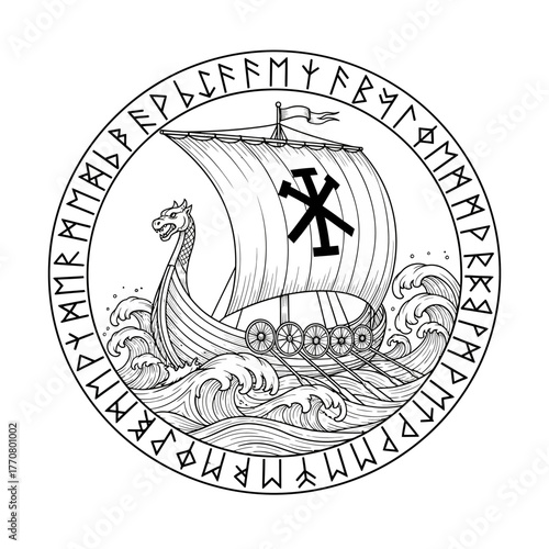 Viking Ship Surrounded by Runes, Detailed Line Art Illustration.