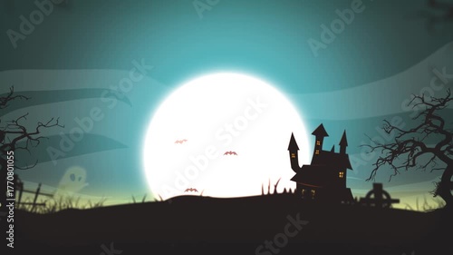 Halloween Cartoon Landscape Animation/
Animation of a funny cartoon halloween landscape background with big moonlight haunted trees and ghosts and flying bats including grainy vintage texture