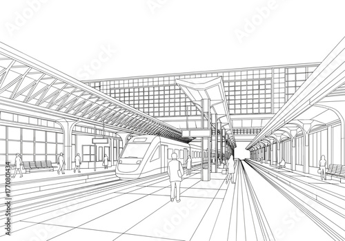 Minimalist train station with few passengers and modern architecture  