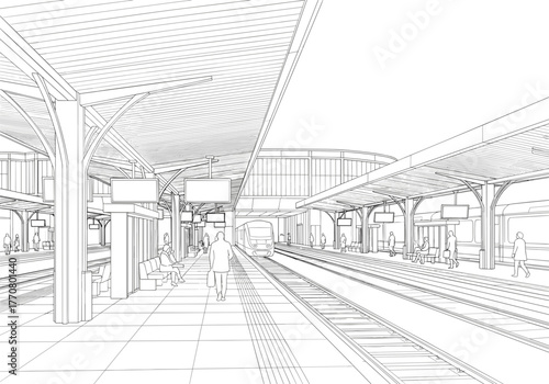 Minimalist train station sketch with few passengers and platforms  
