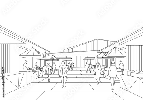 Outdoor market with stalls and umbrellas in minimalist design  