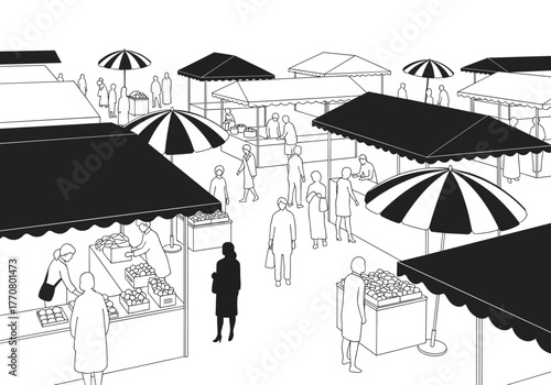 Outdoor market with stalls and umbrellas bustling with activity  