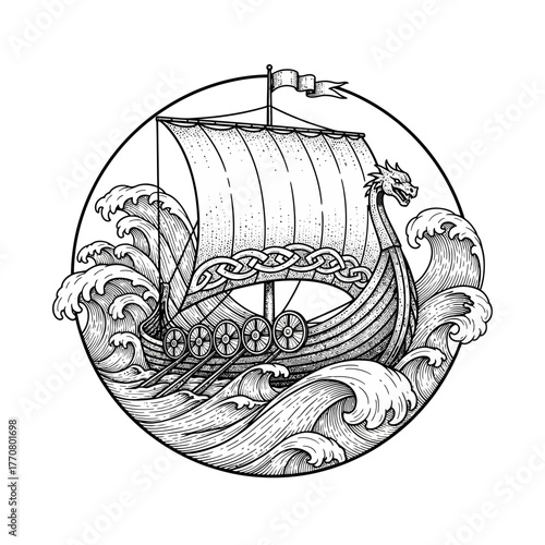 Vintage monochrome illustration of a Viking drakkar longship at sea.