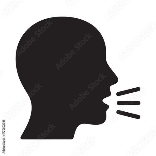 Silhouette of a human head profile speaking or vocalizing with sound waves