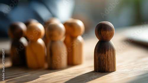 Sad wooden figure excluded separated from group bullying discrimination concept social isolation representation loneliness mental health workplace exclusion school separation