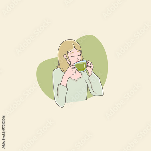 young female drinking matcha tea or matcha latte, illustration vector