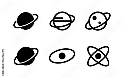 Minimalist planetary icons set: six simple black and white symbols for space themes