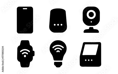 Smart home device silhouette icons: phone, hub, camera, watch, bulb, display