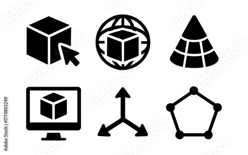 3d design icons: modeling, rendering, and geometry in bold black
