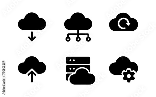 Cloud technology icons set: download, networking, synchronization, upload, data storage, settings