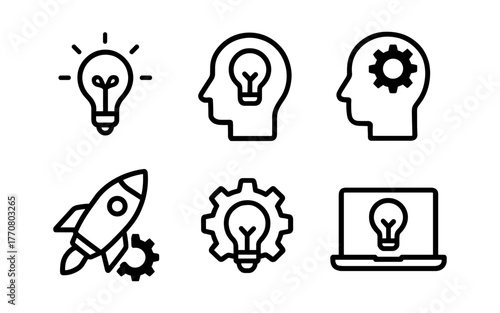 Creative icons featuring light bulb, head, rocket, and gear concepts
