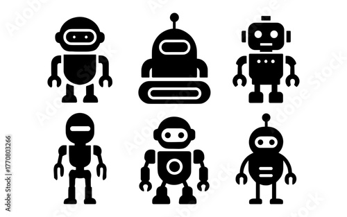 Minimalist robot icon set in silhouette style for futuristic design projects
