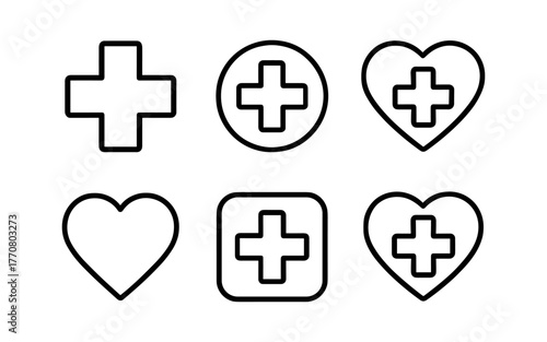 Minimalist medical and heart icons in black outline style