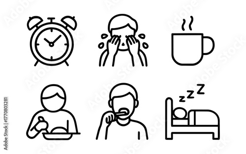 Simple line icons of morning routine activities including alarm, coffee, and breakfast