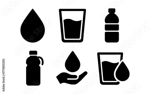 Black and white water icons set: droplets, bottles, and glasses