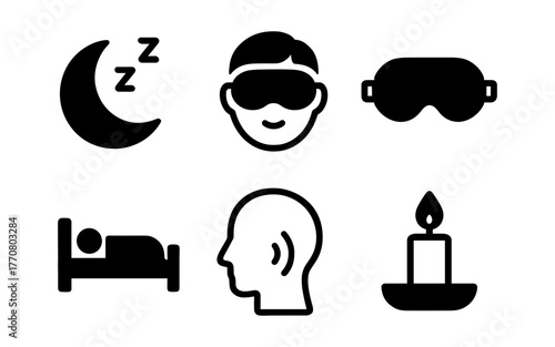 Sleep and relaxation icons: silhouette design of moon, mask, and candle