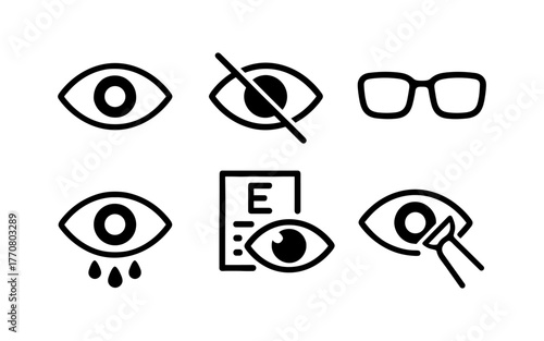 Eye care icons: vision, glasses, and health in modern linear design