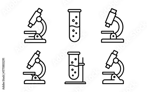 Science icons set featuring outline microscopes and test tubes