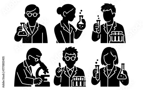 Silhouette scientists with lab equipment in chemistry and biology
