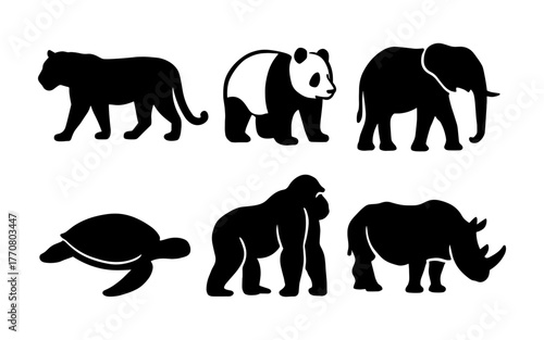Wild animal silhouettes: lion, panda, elephant, tortoise, gorilla, rhino