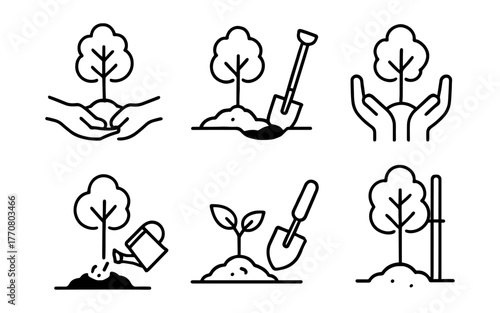 Tree planting and gardening icons in minimalist outline style