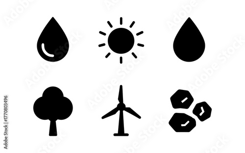 Eco-friendly icon set: sun, water, tree, wind, eco energy symbols in minimalist design