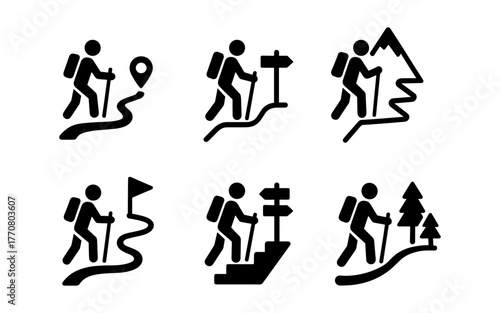 Adventure icons set: hiking, trails, and backpacking symbols
