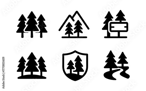Simple nature icons featuring trees, mountains, and trails in minimalist style