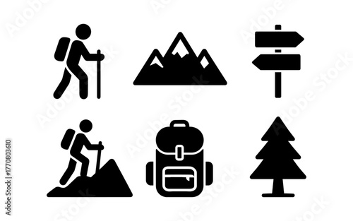 Minimalist hiking icons: adventure, nature, backpacking, and navigation symbols