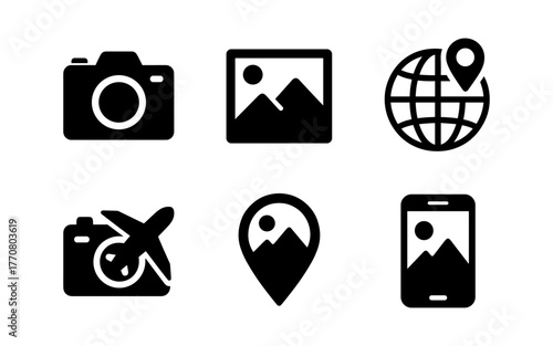 Modern photography and travel icons set in black silhouette style