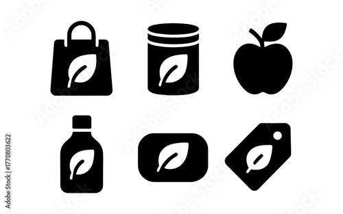 Eco-friendly product icons set featuring minimalist leaf designs
