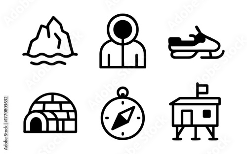 Arctic adventure icons: snowmobile, iceberg, igloo, compass, explorer, station