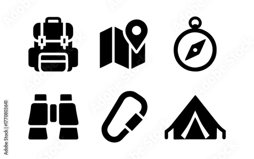 Camping adventure icons: backpack, map, compass, binoculars, carabiner, tent