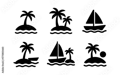 Silhouette tropical island and sailboat icons for summer and travel designs
