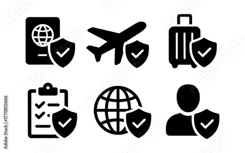 Travel insurance icons set: passport, airplane, luggage, checklist, globe, person