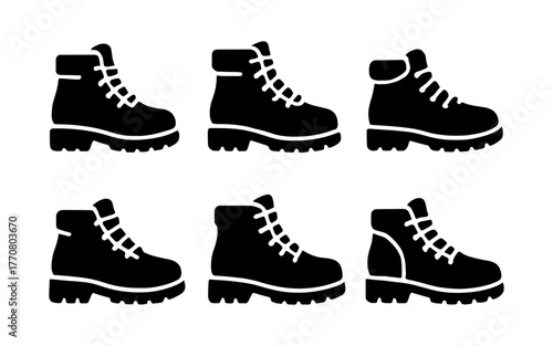 Set of six silhouette hiking boots icons for outdoor apparel design